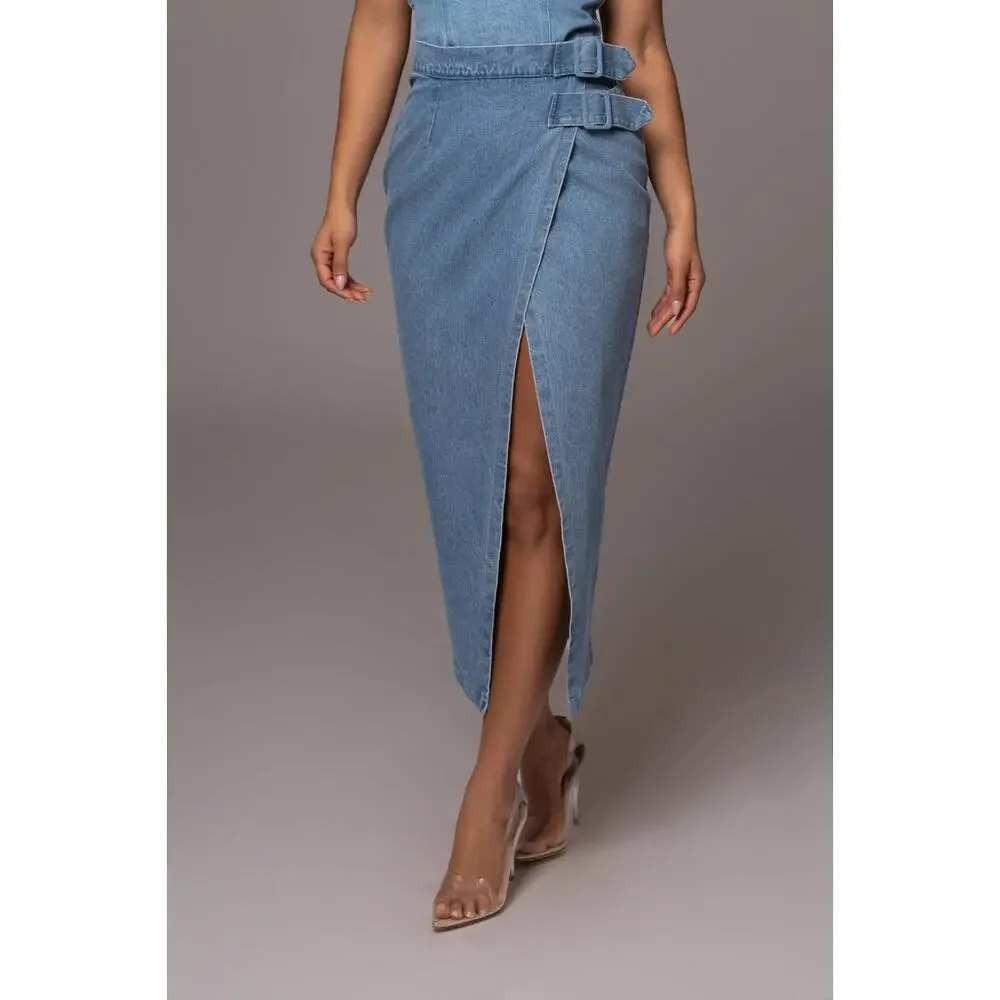 JLUXLABEL Gisele Denim Slit Midi Skirt Size S Med Wash Blue Side Belt Pencil